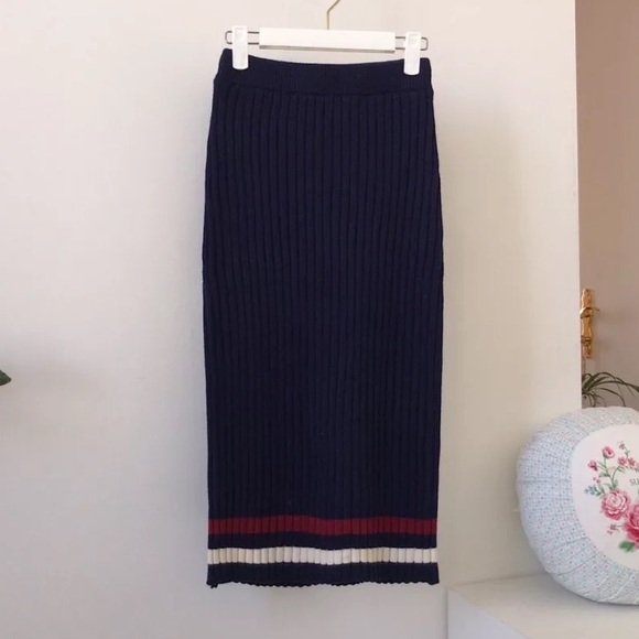 Cardigan sweater skirt 2 PCS SET navy blue stripe button womens top bottom - Picture 5 of 5